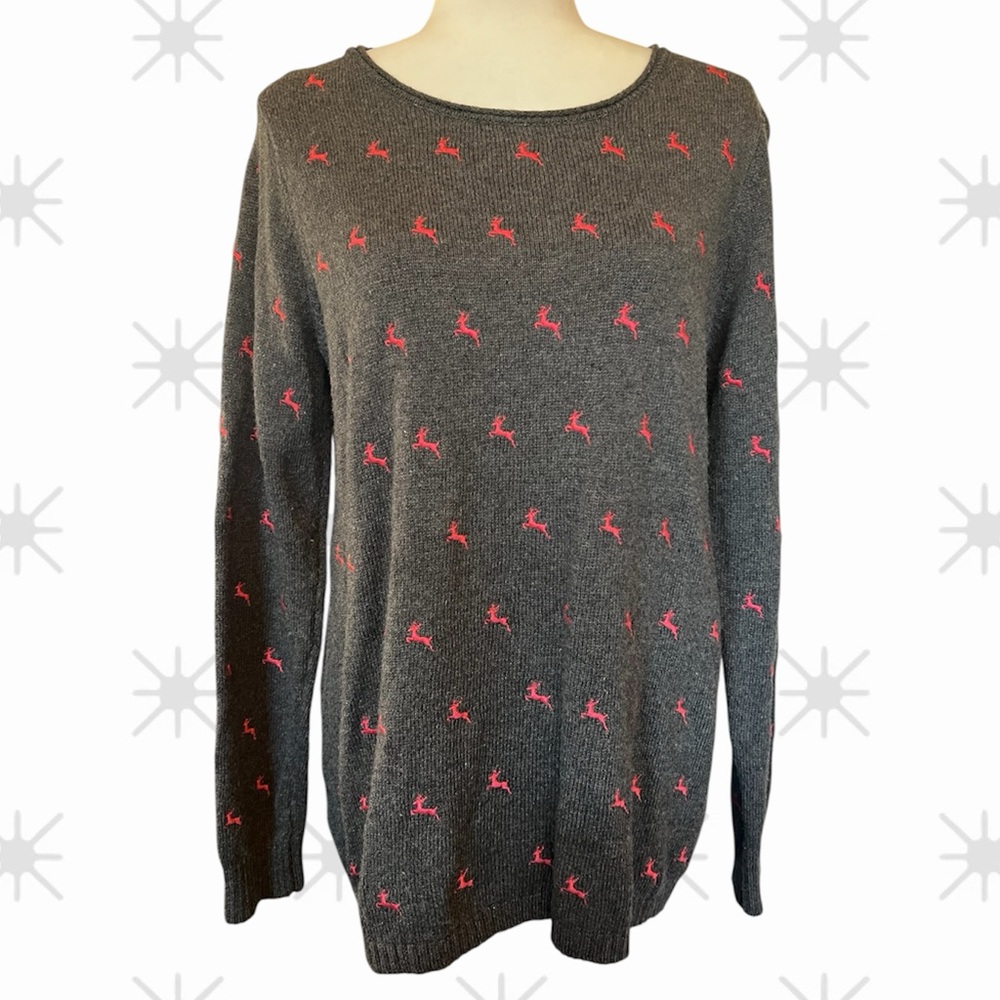 Mantaray Faithful and True Holiday Sweater / Grey with reindeer / Women’s 14